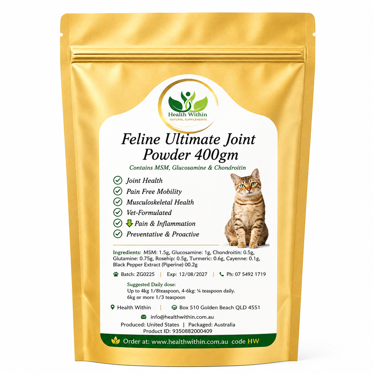 Health Within Feline Ultimate Joint Support Powder – advanced cat joint supplement with MSM, Glucosamine, Chondroitin, Green Lipped Mussel, Turmeric and Rosehip in a gold resealable pouch