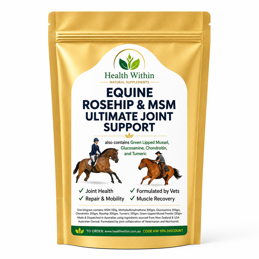 Health Within Equine Ultimate Joint Support Powder – advanced horse joint supplement with MSM, Glucosamine, Chondroitin, Green Lipped Mussel, Turmeric and Rosehip in a gold resealable pouch