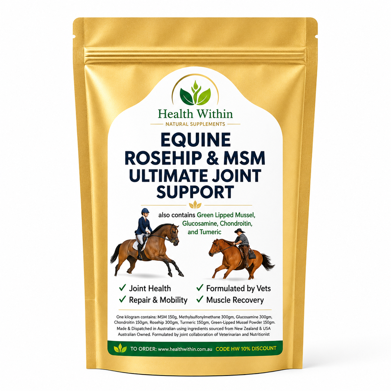 Health Within Equine Ultimate Joint Support Powder – advanced horse joint supplement with MSM, Glucosamine, Chondroitin, Green Lipped Mussel, Turmeric and Rosehip in a gold resealable pouch