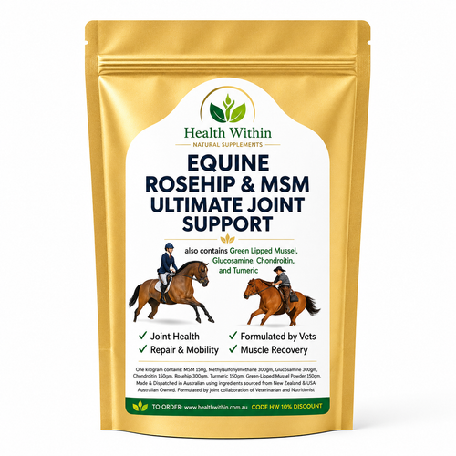 Health Within Equine Ultimate Joint Support Powder – advanced horse joint supplement with MSM, Glucosamine, Chondroitin, Green Lipped Mussel, Turmeric and Rosehip in a gold resealable pouch