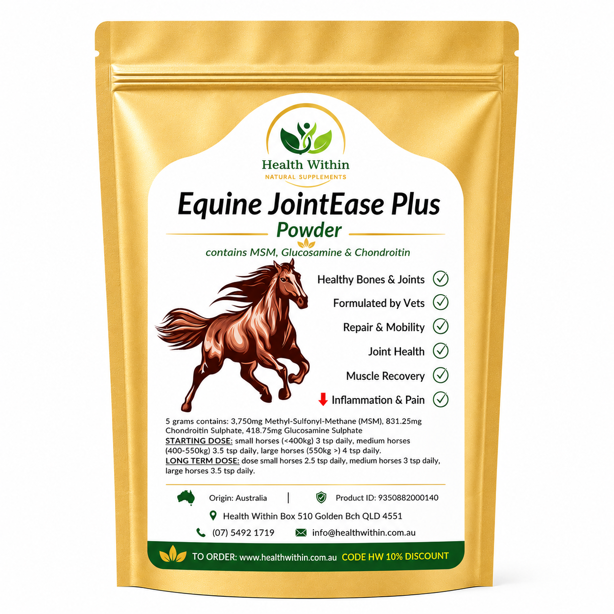 Health Within Equine JointEase Powder – premium horse joint supplement containing MSM, Glucosamine and Chondroitin in a gold resealable pouch