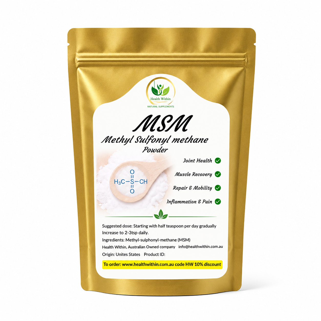 Health Within MSM Powder – Pure Methylsulfonylmethane Powder for Joint & Skin Health