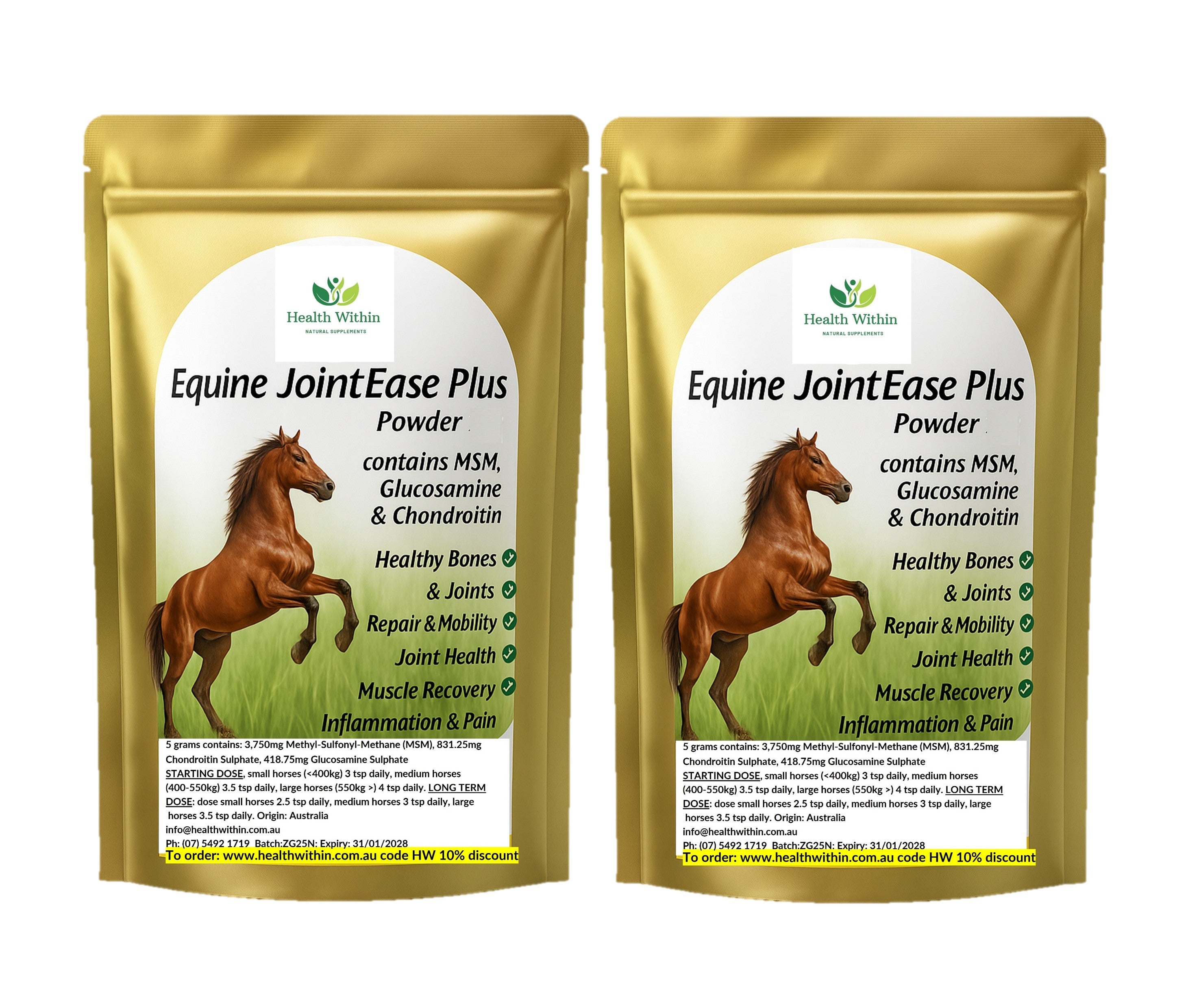 Health Within Equine JointEase Powder 2kg gold resealable pouch – premium horse joint supplement with MSM, Glucosamine and Chondroitin