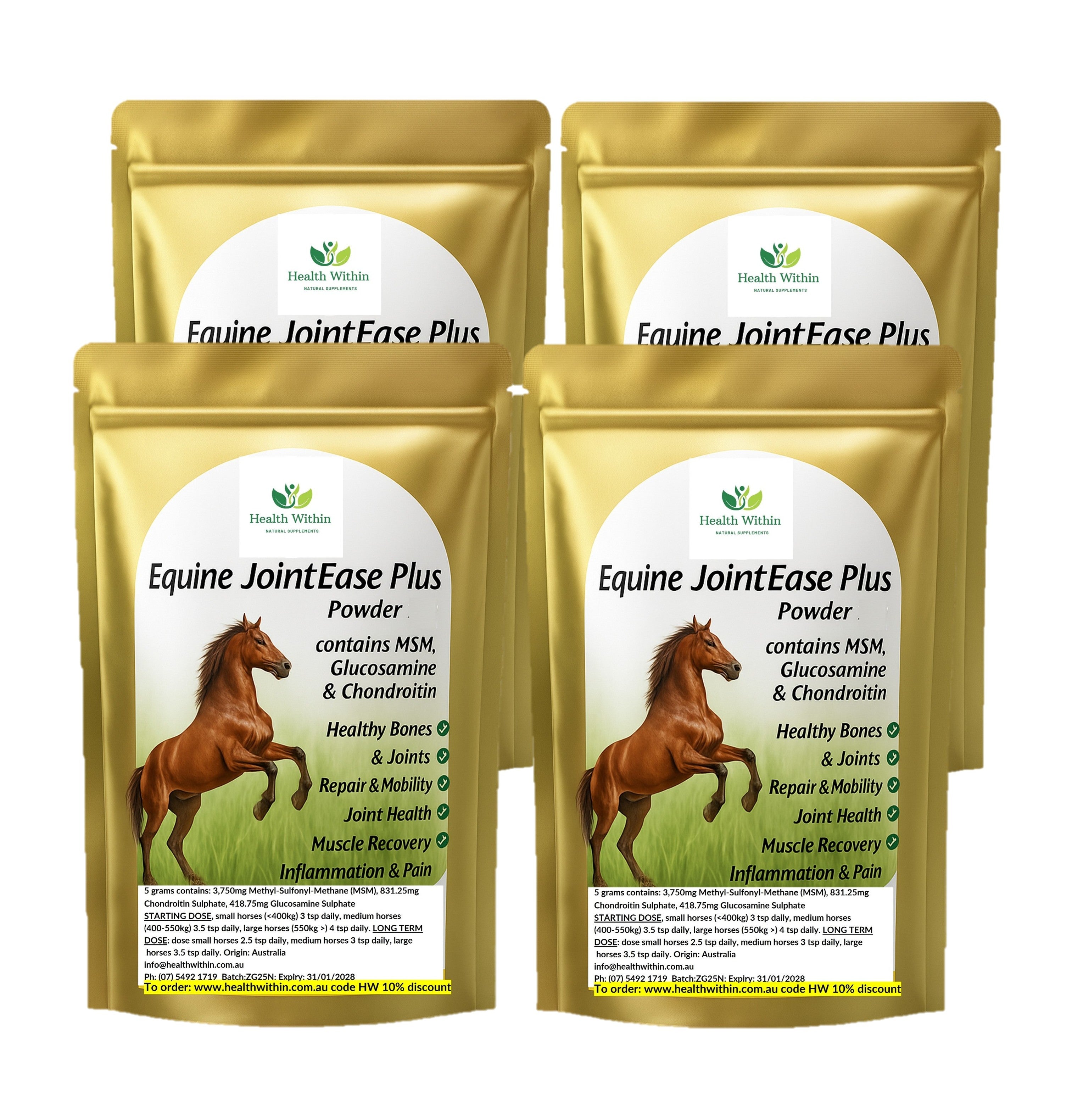 Health Within Equine JointEase Powder 8kg gold resealable pouch – bulk horse joint supplement with MSM, Glucosamine and Chondroitin