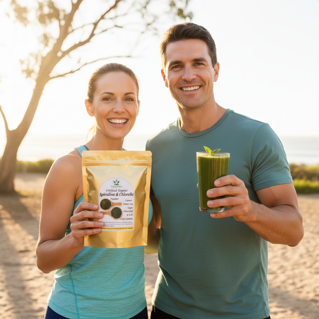 Australian couple with Spirulina & Chlorella product and green smoothie