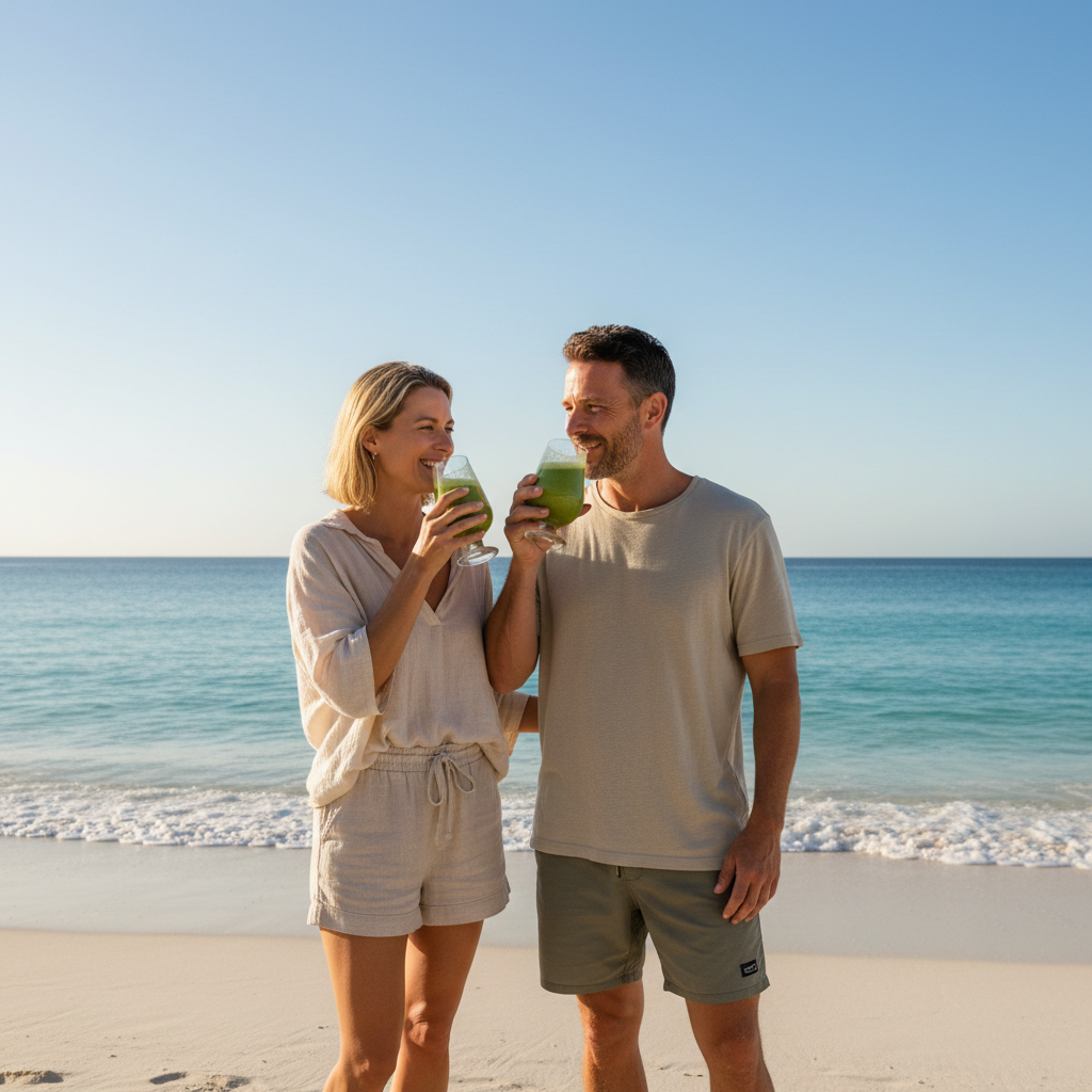 Couple Green Smoothie Australian Beach