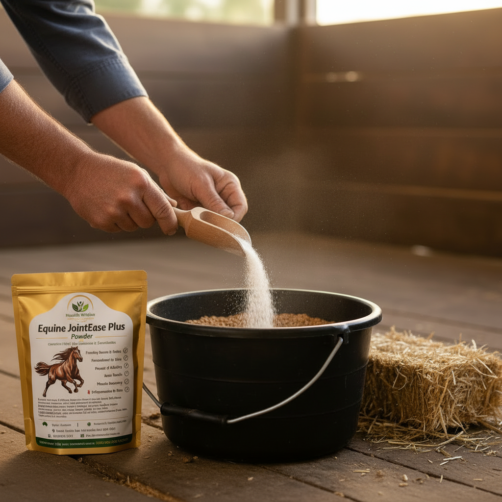 Equine JointEase Supplement Scoop into Feed Bucket
