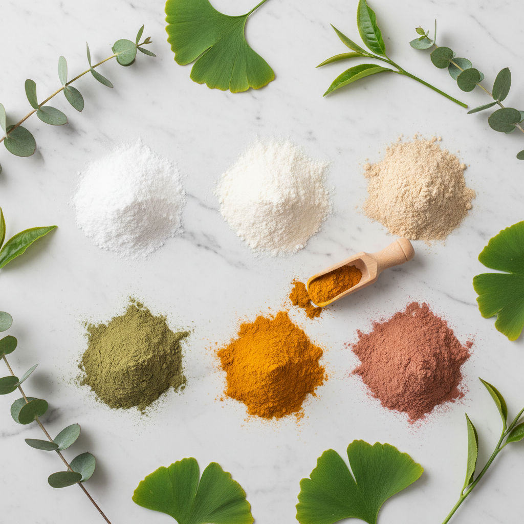Flat lay of six supplement powders on white marble – MSM, Glucosamine, Chondroitin, Green Lipped Mussel, Turmeric and Rosehip – the active ingredients in Health Within K9 Ultimate Joint Support Powder