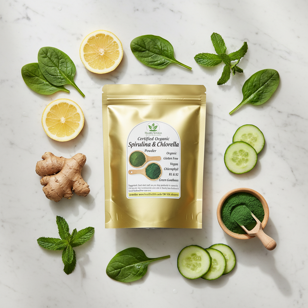 Flat lay ingredient spread - Spirulina & Chlorella