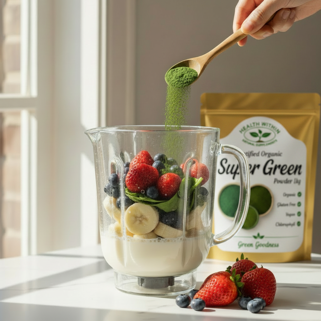 Green Powder Blender with Product in Background