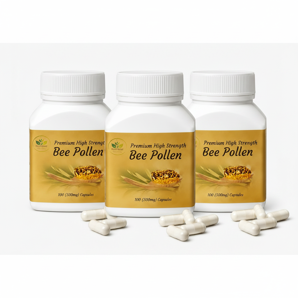 Three Health Within Bee Pollen Capsules bottles side by side