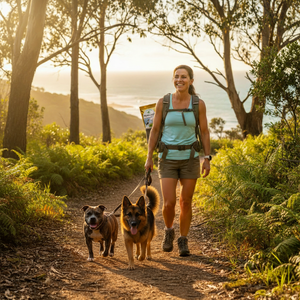 K9 JointEase Woman Walking Staffy and German Shepherd