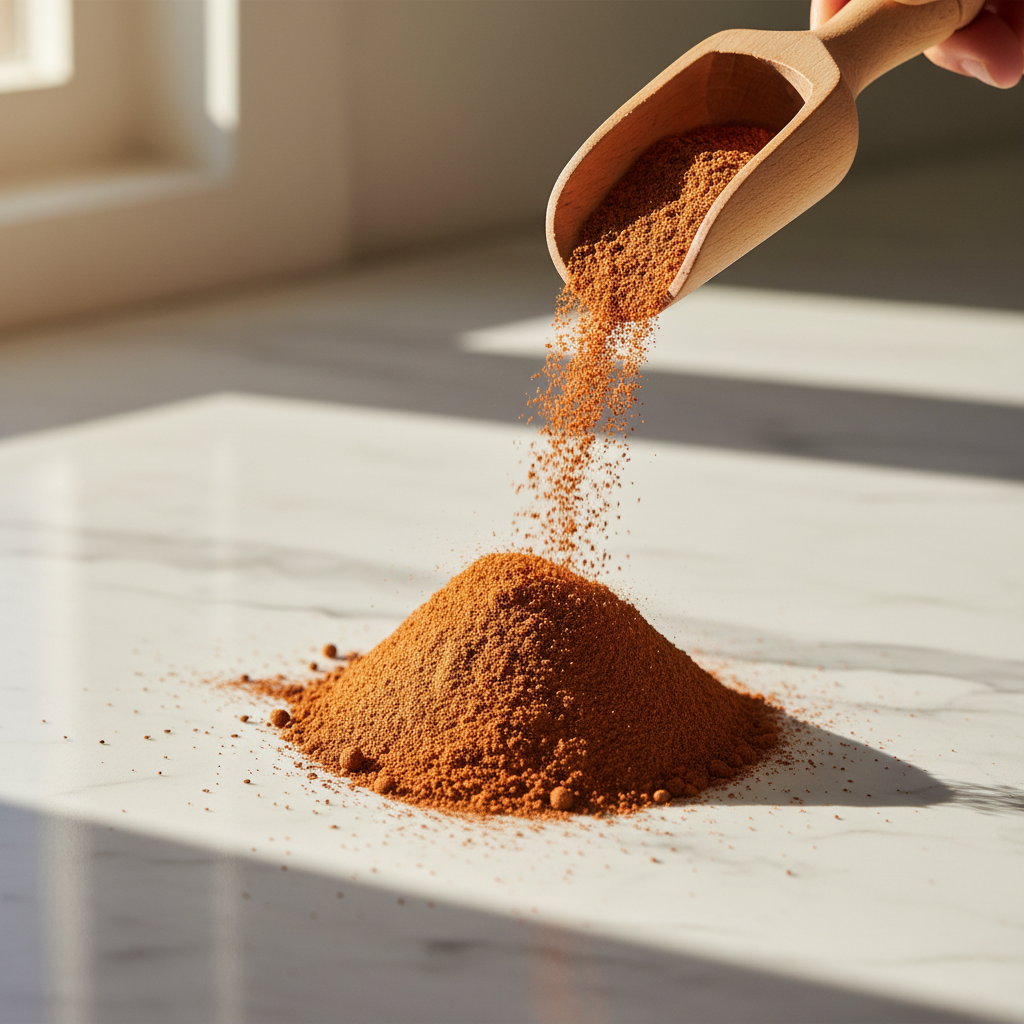 Health Within Canine Rosehip Gold Powder – Pure Rosehip Powder Poured from Scoop onto White Benchtop