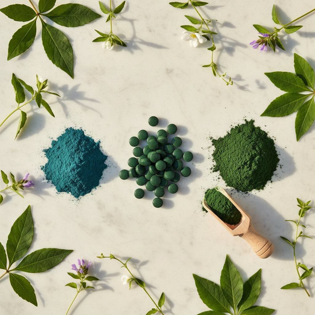 Spirulina Chlorella Tablets Flat Lay
