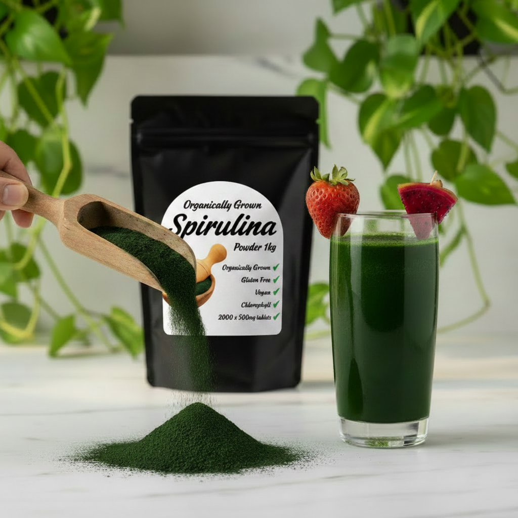 Spirulina Scene with Label and Deep Green Drink