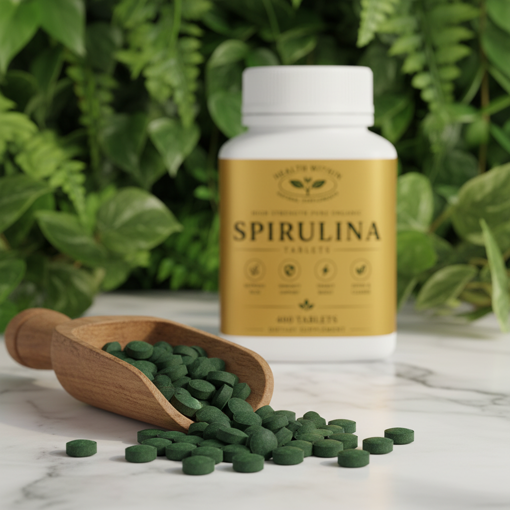 Spirulina Tablets Wooden Scoop with Greenery