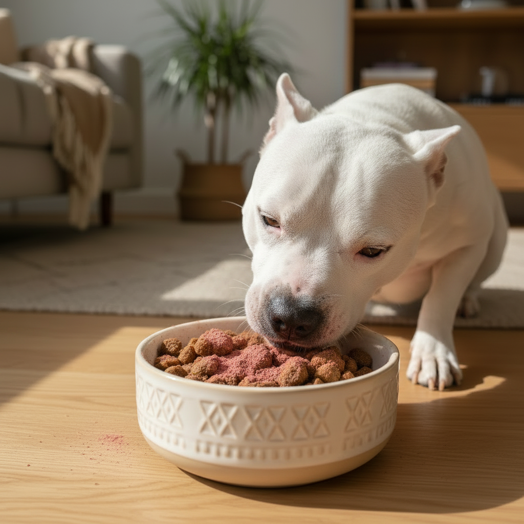 White Staffordshire Bull Terrier Eating Wet Dog Food with Rosehip Powder – Health Within Canine Joint Support